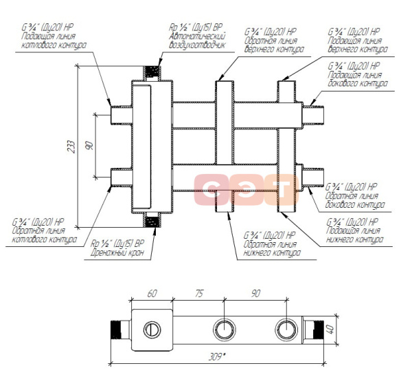 Балансировочный коллектор из нерж. стали BMSS- 40-3D   (2 контура вниз/вверх и 1 в сторону)